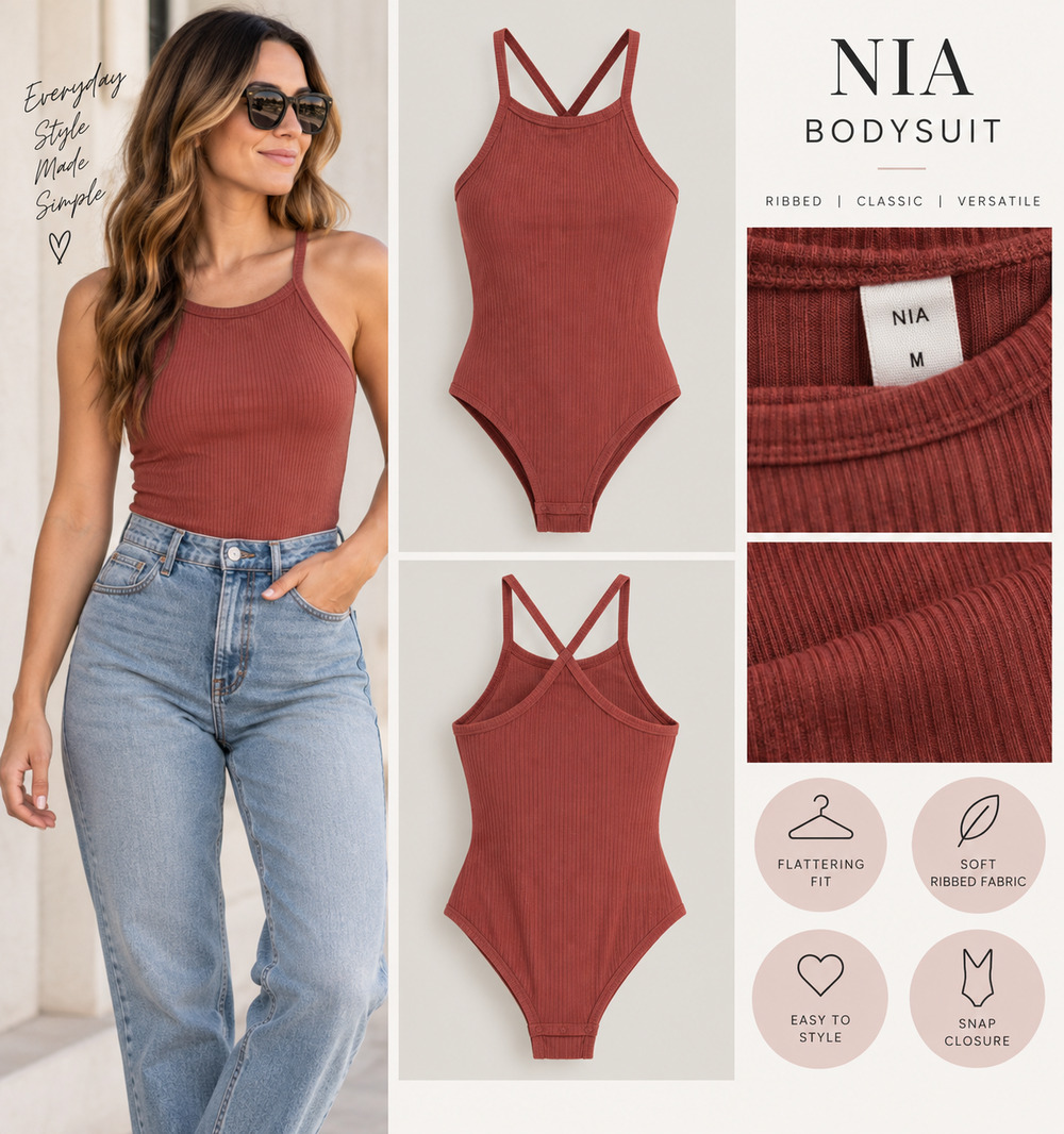 NIA Rust Ribbed Strappy Bodysuit Size Medium